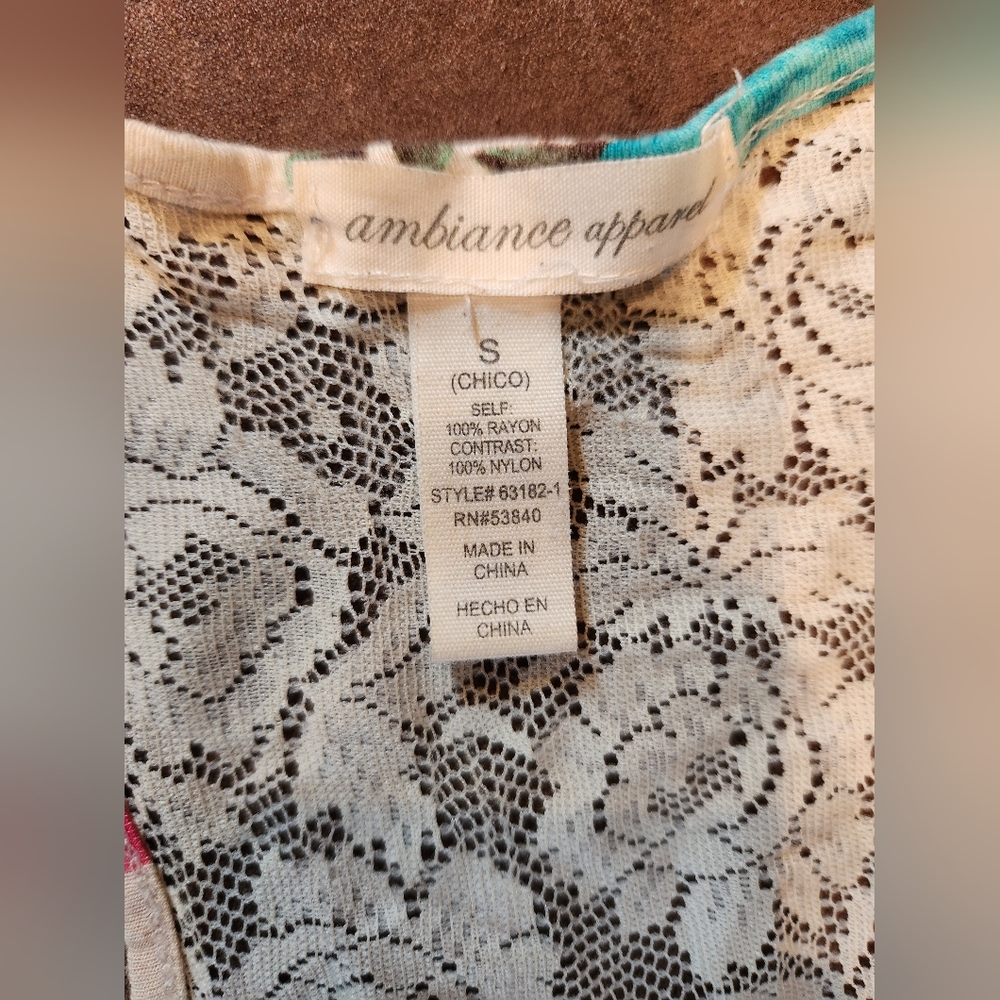 Teal & Hot Pink Rose Lace-Back Tank Top Sz. S - Picture 3 of 3